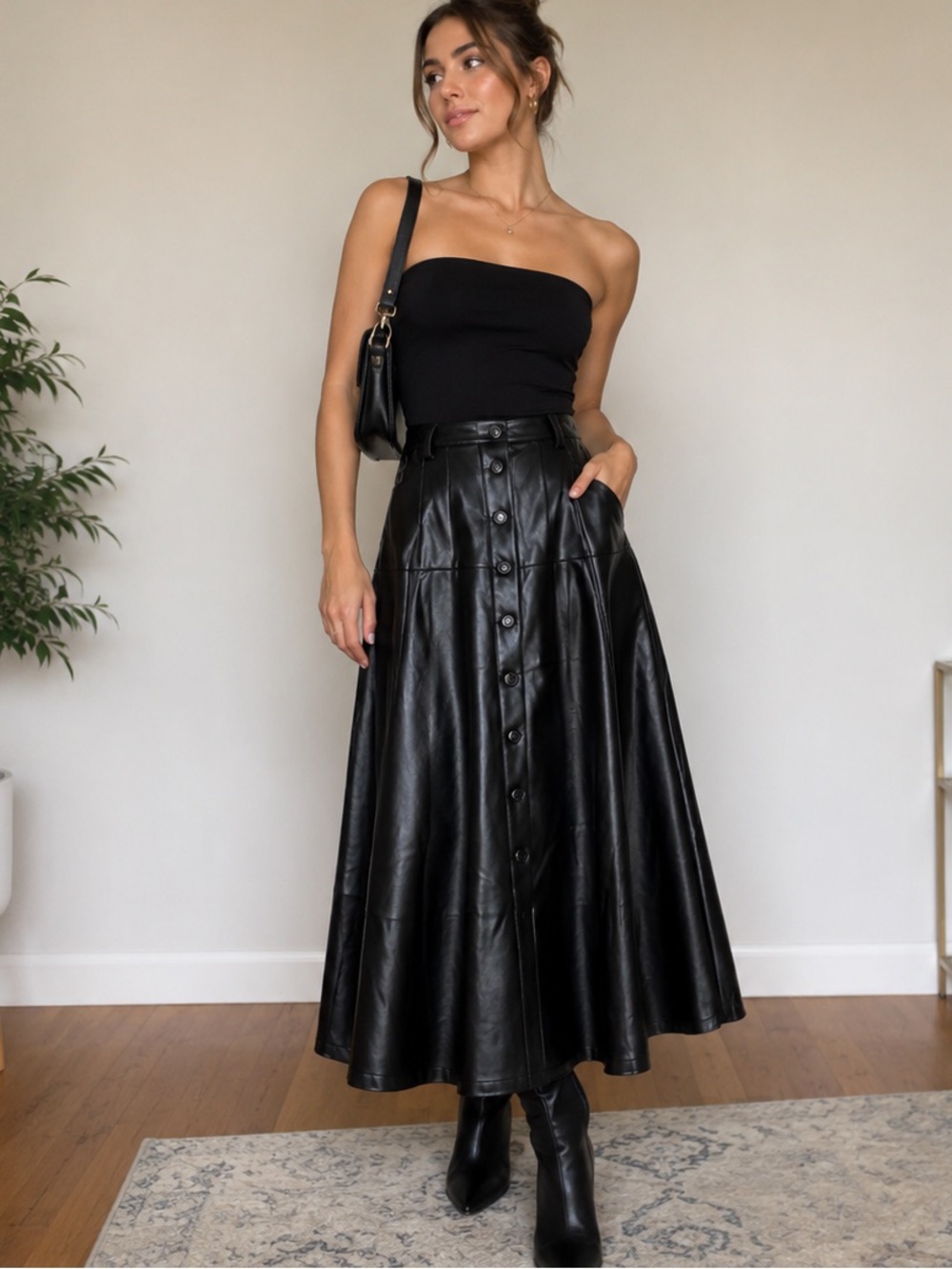 NWT Cinq à Sept Veena Faux Leather Button-Front Midi Skirt Black Size 4
